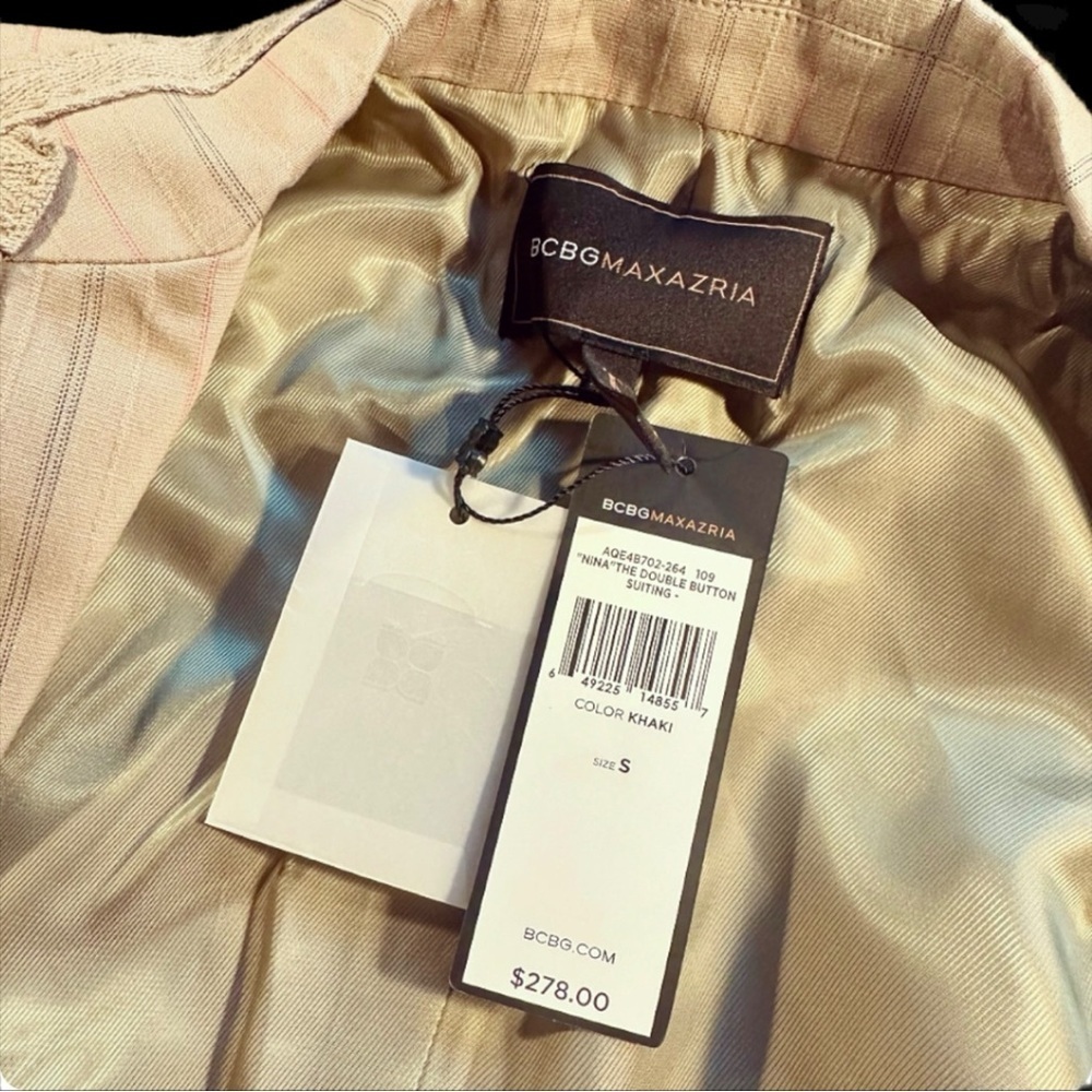 NWT BCBGMaxAzria ‘Nina’ The Double Button Suiting Jacket in “Khaki Stripe” Sz S - Picture 9 of 11